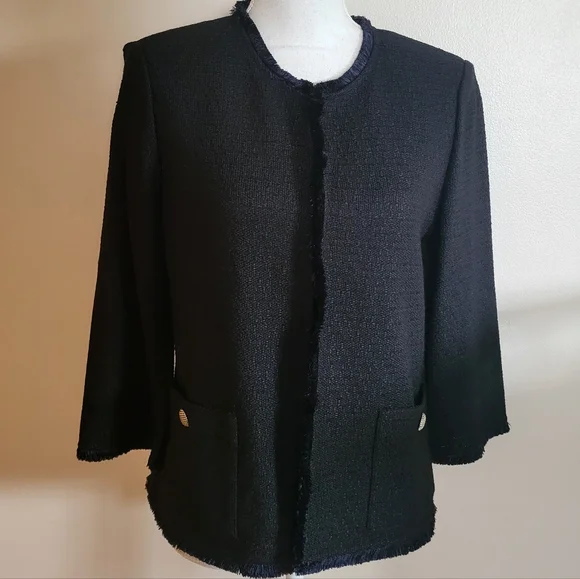 St. John Collection Boucle Wool Blend Fringe-Trim Blazer Black Navy Size 10 - Picture 3 of 12